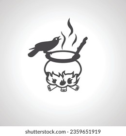 Witches black cauldron with crow bird icon
