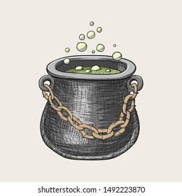 Witches black steel cauldron with boiling green magic potion isolated on white background. Decorative element for Halloween. Vector vintage illustration.