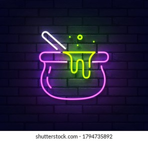 Witches bowler neon sign. Sign of witches bowler with colorful neon lights isolated on brick wall. Vector illustration