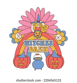Witches brew - 60s and 70s retro style Halloween slogan for graphic tee shirt. Icon of rainbow with spooky pumpkins. Ready greeting card for 31th October. Isolated Template for poster, sticker.Vector