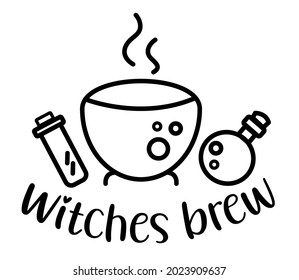 Witches brew handwritten lettering with cauldron and potion bottles doodle . Halloween quotes and phrases for cards, banners, posters, mug, notebooks, scrapbooking, pillow case and clothes design.