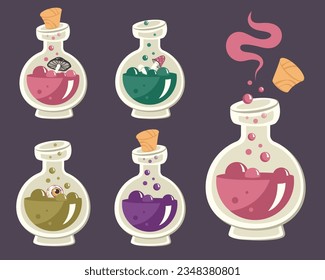 Witches' brew isolated. Set of magic potion for Halloween party. Different hand drawn glass bottles with color liquid, fly agaric, mushrooms, eyes. Autumn holiday of dead. Vector cartoon illustration