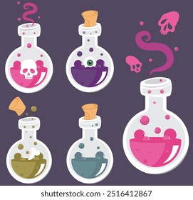 Cerveza de brujas aislada. Conjunto de pociones mágicas para la fiesta de Halloween. Diferentes botellas de vidrio espeluznantes con líquido de color, cráneos, huesos, ojos. Festiva de muertos. Vector ilustración de dibujos animados. Elementos de brujas.