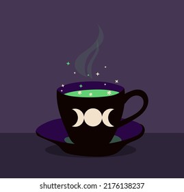 Witches brew, magic potion, herbal tea, witchcraft flat illustration with halloween theme.