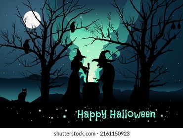 Hexen brauen einen Zaubertrank in Kessel. Frohe Halloween-Grußkarte. Schwarze Katze, Fledermaus, Krähe, raven tote, spokige Bäume. Dunkle Nacht mit Mondlicht und Sternen
Halloween-Hintergrund. Vektorgrafik.