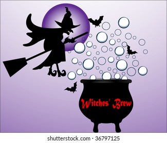 witches' brew with witch overhead