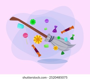 Witches broom among sweets, candies and lollipops on abstract background. Halloween banner design. Celebration, holiday, party, treat concept. Vector illustration for postcard or poster