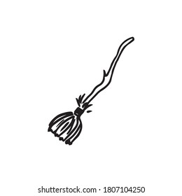 Witches broom doodle vector element. Halloween decoration about esotericist and magic. 