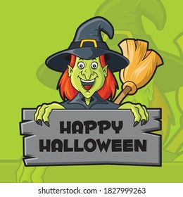 Witches with a broom hold a board with Happy Halloween on it