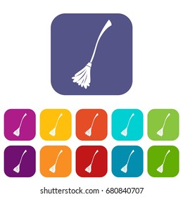 Witches broom icons set vector illustration in flat style in colors red, blue, green, and other
