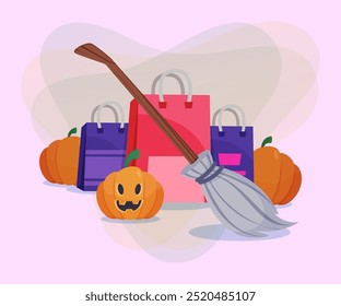 Witches broom, pumpkins and shopping bags on abstract background. Halloween banner design. Sale, shopping, celebration, holiday concept. Vector illustration for poster or flyer