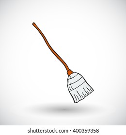 Witches broom sketch. Hand-drawn magic icon with round shadow. Doodle drawing. Vector illustration