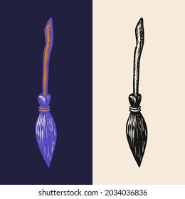 Witches broom stick. Vector illustration isolated on white background. Halloween graphic