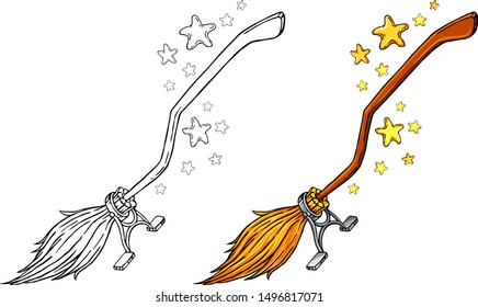 Witches' Broom vector set for your Halloween designs. Line art and colored versions 