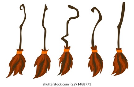 Witches' brooms. Magic broom for Halloween, wizard's broom and old wooden house cleaning tool cartoon vector set of magic broom illustrations. A set of orange wooden brooms