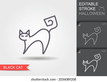 Witches Cat. Outline icon with editable stroke. Linear Halloween Symbol with shadow