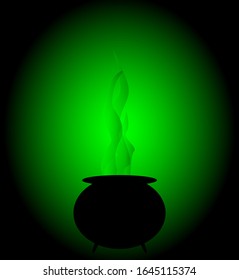 A witches cauldron boiling against a green glow background