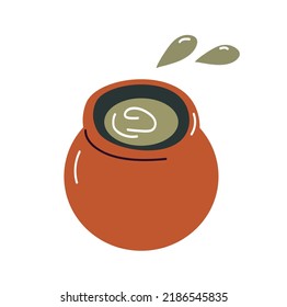 Witches cauldron with boiling magic potion isolated on white background. Decorative element for Halloween card, invitation, banner. Vector cartoon  illustration 