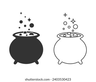 Witches cauldron with boiling magic potion line icon set isolated on white background. Decorative element for Halloween. Vector illustration  design