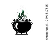 Witches cauldron with boiling magic potions isolated on a white background. Black cast-iron cooking pot, camping boiler, iron witches cauldron with handle. Halloween magic pot with fire elixir