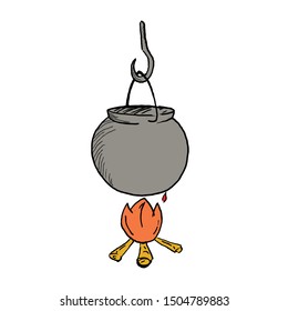 witches cauldron with fire illustration in hand drawn style