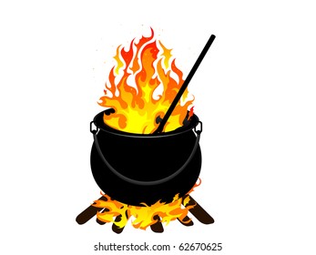 Witches cauldron with flames - vector illustration