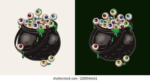 Witches cauldron full of human eyeballs in vintage style. Single colorful eyeballs with drops of green goo, snot or slime, eye on stick like lollypop. Cast iron pot. Traditional halloween element