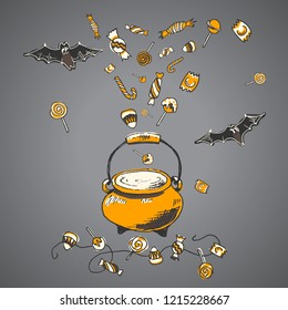 Witches cauldron with gifts, Halloween party greeting card, vector hand drawn element. Sketch design, isolated.