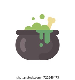 Witches cauldron with green potion and bone flat icon. Halloween flat illustration