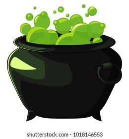 Witches cauldron with green potion  isolated on white background.