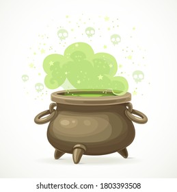 Witches cauldron with green potion isolated on white background