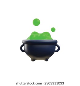 Witches cauldron with green potion or poison, icon, 3D realistic vector illustration isolated on white background. Magic pot with potion rendered volumetric symbol.