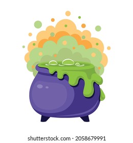Witches cauldron with green potion and steam for Halloween. Cartoon vector illustration