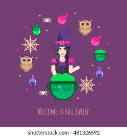 Witches cauldron halloween composition. Halloween poster with witch, owl, cauldron, magic potions, candles and spider web.