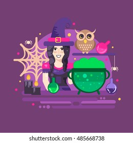 Witches cauldron halloween composition. Halloween poster with witch, owl, cauldron, magic potions, candles and spider web. Can be use for cover design poster, flyer, brochure, card