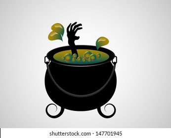 Witches cauldron with her hand inside - vector illustration