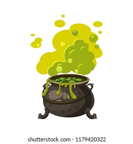 Witches cauldron, kettle with poisonous smoke, steam, boils, holiday attribute of All Saints Halloween, vector, isolated, cartoon style