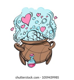 Witches cauldron with love potion. Vector illustration isolated on white background.