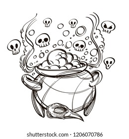 Witches cauldron with magical potion. Halloween decoration. Outline vector illustration isolated on white background.