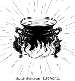 Witches cauldron, magical thing, Wiccan magic. Vector black and white drawing, engraving.