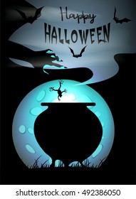 Witches cauldron and the Moon on the background. Halloween background. Vector illustration
