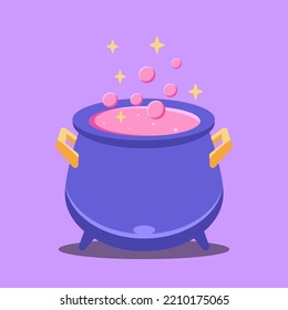 Witches cauldron with pink potion nd steam for halloween. cartoon vector illustration isolated background