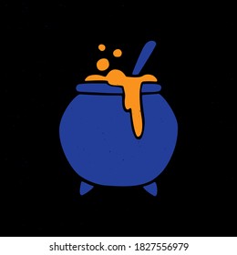 Witches cauldron with poison potion. Cute Halloween icon. Vector shabby hand drawn illustration