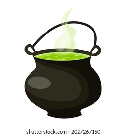 Witches Cauldron of Poisonous Green Potion. Halloween decoration icon. Cartoon flat vector illustration isolated on white background