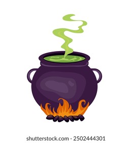 Witches cauldron with potion bubbling witches brew on fire. Vector illustration isolated on white background.  Happy Halloween