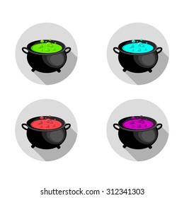 Witches cauldron with potion. Flat, vector, illustration.