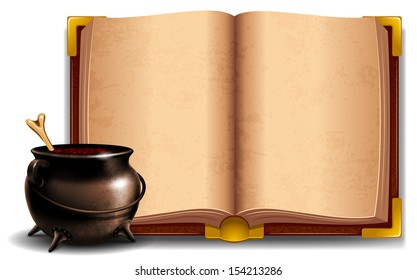 Witches cauldron with potion and magic book isolated on white background 