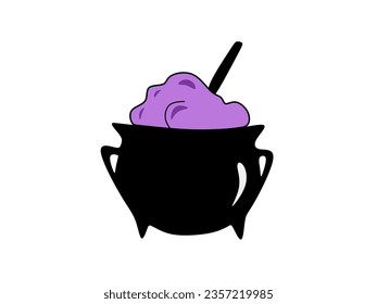 Witches cauldron with purple potion and steam isolated on white background. witch pot.
