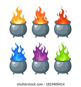 Witches cauldron set with colorful flame. Simple vector illustration in flat style isolated on a white background.