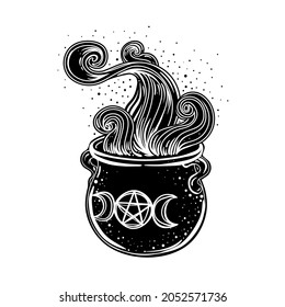 Witches cauldron. Vector isolated illustration in Victorian style. Mediumship divination equipment. flash tattoo drawing. Alchemy, religion, spirituality, occultism.